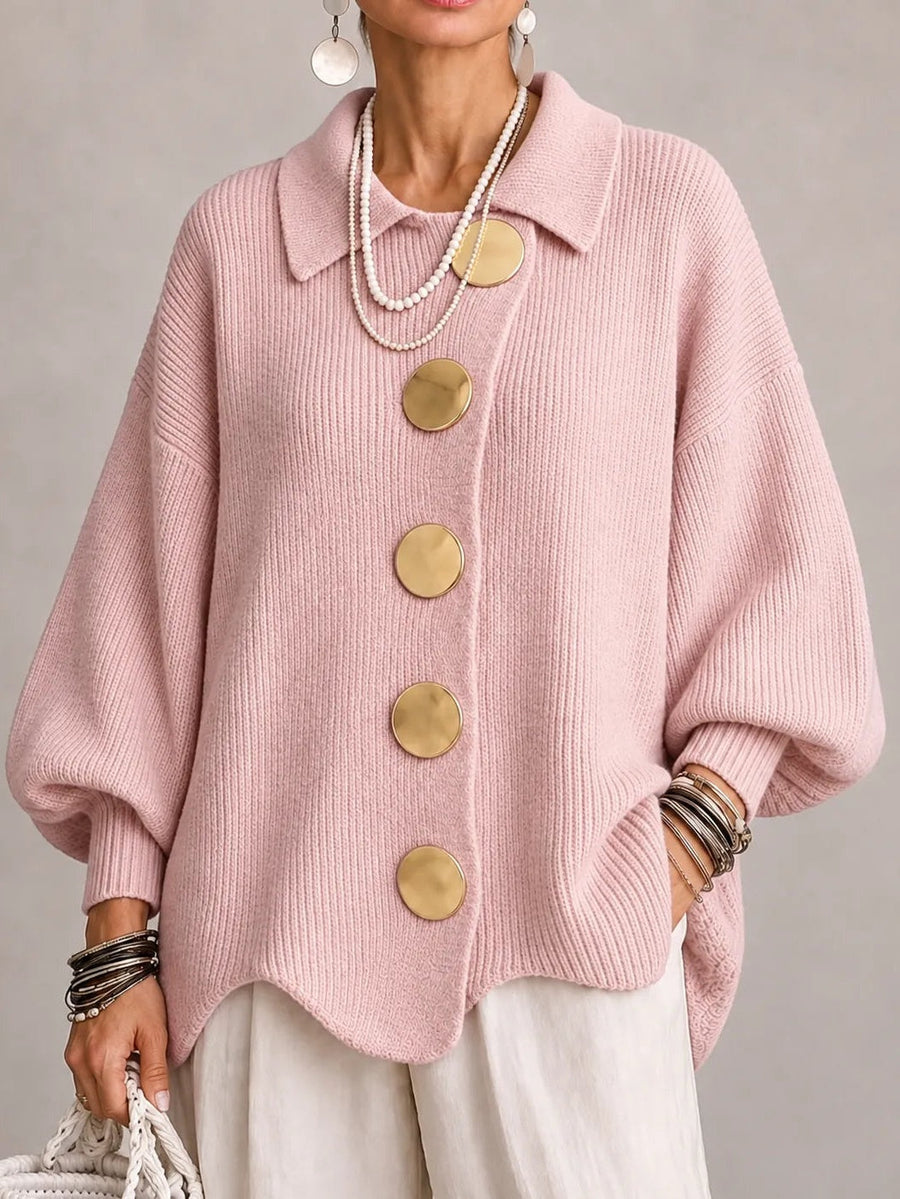 Clelia | Cárdigan Oversize Canalé con Bajo Festoneado, Rosa Empolvado